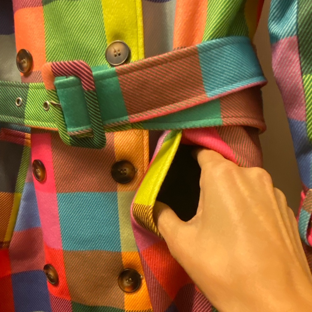 🎉Colorful Checkered Plaid Double Breasted belted Trench Coat - Picture 4 of 12